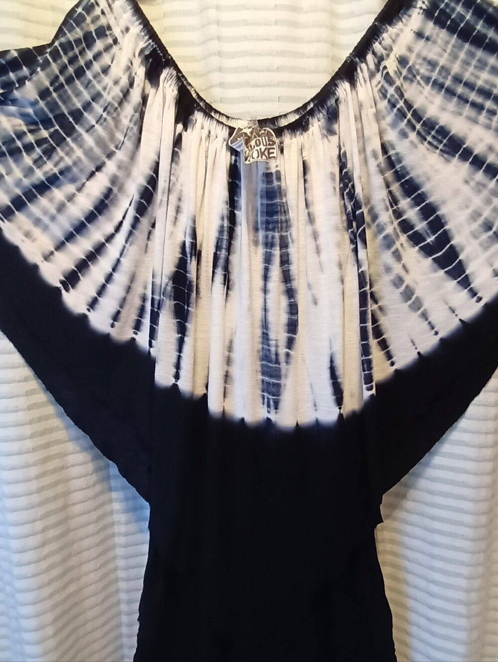 Boho Tie-Dye Off-Shoulder Top Kaftan Style Navy White Maxi Dress Large